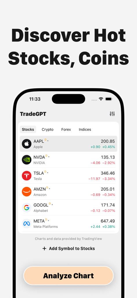 TradeGPT mobile app interface displaying a watchlist of popular stocks like Apple NVIDIA and Tesla