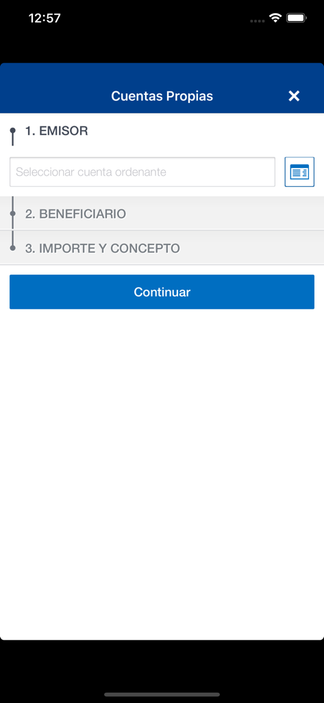 Interface for initiating a transfer between own accounts in the BBVA Net Cash Argentina app showing sender beneficiary and amount steps