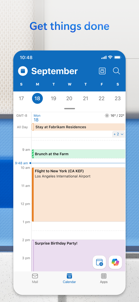 Daily calendar view in the Microsoft Outlook app showing scheduled events