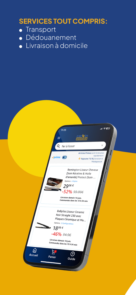 Cart'In - Mobile interface of Cart-In app showing Amazon products and international shipping services including customs clearance and home delivery