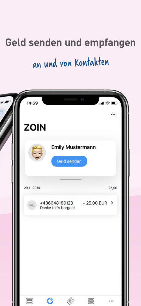 Volksbank Pay - The ZOIN screen in the Volksbank Pay app showing a contact and a transaction history
