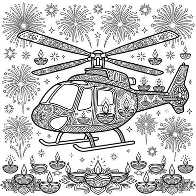 Experience the joy of Diwali with this extraordinary helicopter coloring page. Adorned with beautiful rangoli designs and glowing diyas, it brings festive cheer to an iconic aircraft.