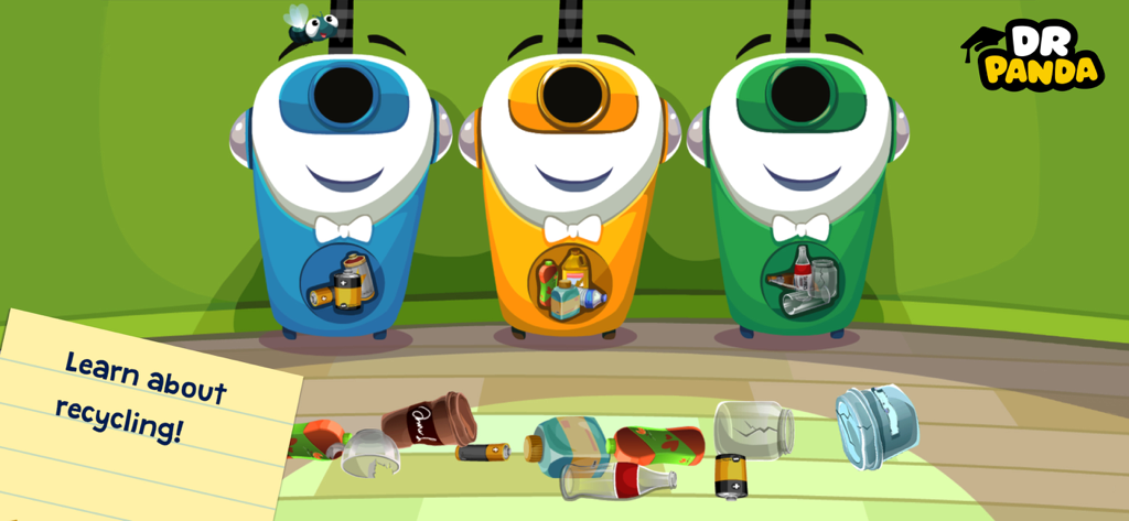Dr. Panda Supermarket - Bambini che imparano a smistare i rifiuti in bidoni colorati per il riciclaggio nell'app educativa Supermercato Dr. Panda