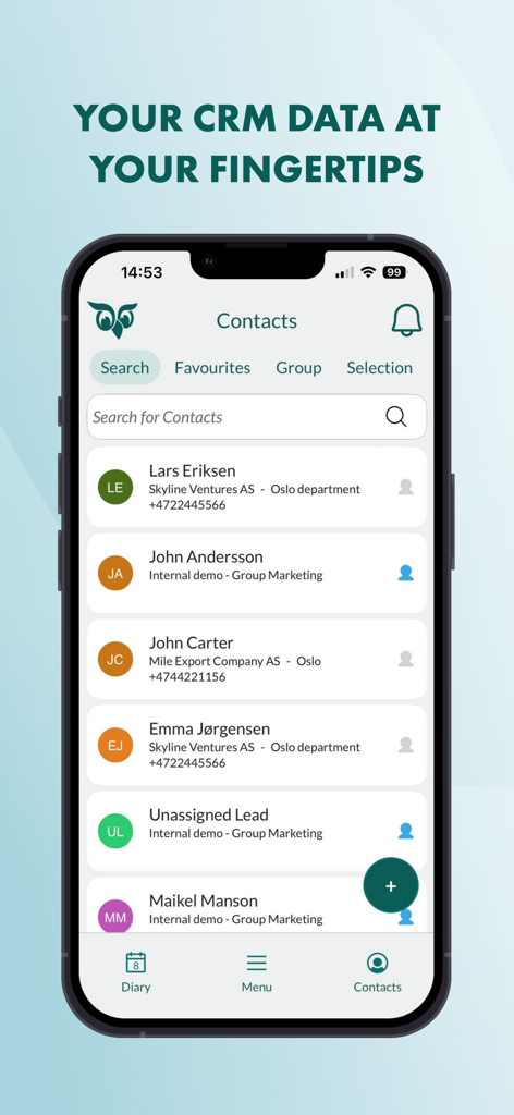 Smartphone screen displaying the contacts list and search interface of the SuperOffice Mobile CRM app.