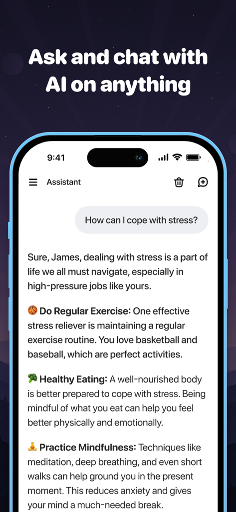 AI assistant chatbot providing personalized stress management advice and lifestyle tips on a mobile phone interface