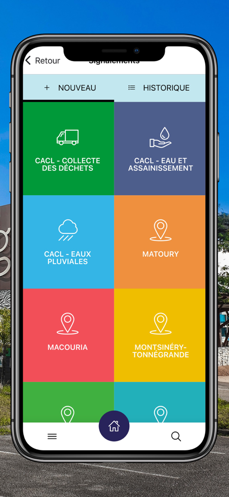 CACL 6-en-1 - Menú de reportes de la aplicación CACL 6-en-1 con categorías para aguas residuales y pueblos locales