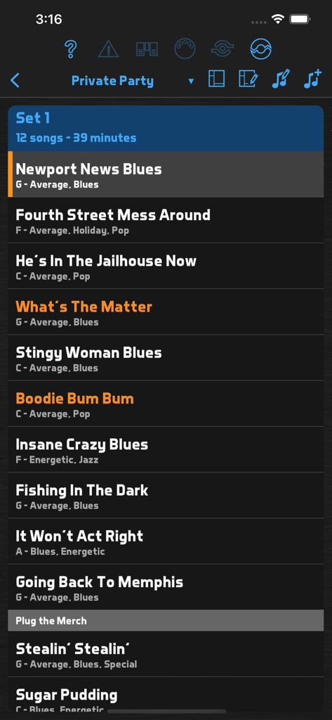 BandHelper - BandHelper app interface displaying a song setlist for a live performance