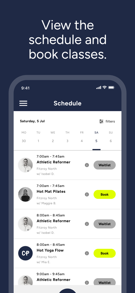 CorePlus 2.0 - A mobile app screen displaying a daily schedule for Pilates and Yoga classes with booking buttons