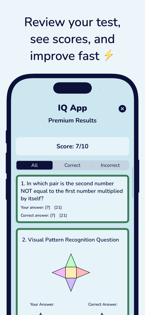 IQ Test - Aptitude Test - A mobile screen showing the IQ Test app results with a score of seven out of ten and a detailed review of correct and incorrect answers