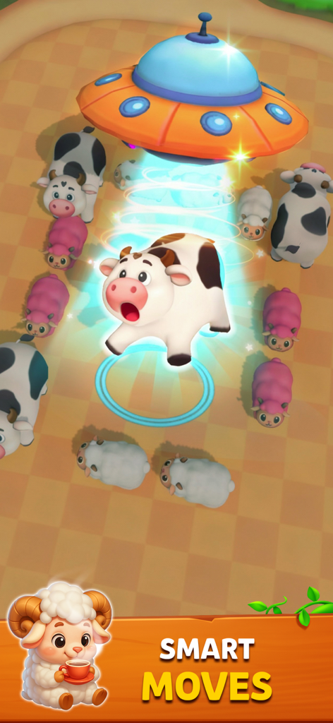 Sheep Out: Farm Escape 3D - A UFO lifting a cow in a 3D animal traffic jam puzzle game.
