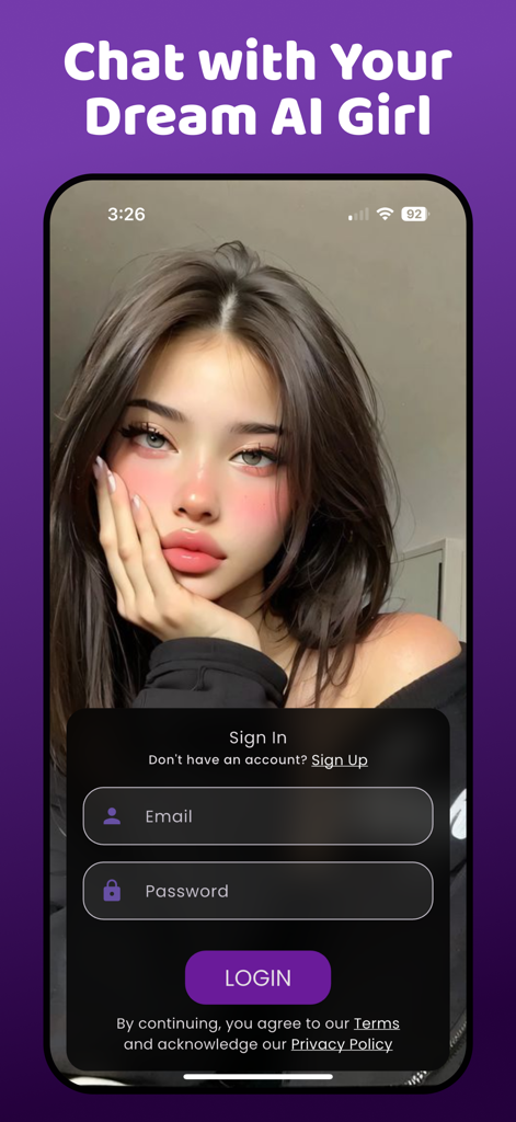 Talk To Girls :Romantic Ai Bae - バーチャルキャラクターが登場するTalk To Girls Romantic AI Baeアプリのログイン画面