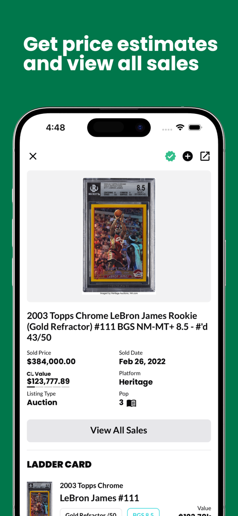 Card Ladder app interface showing price estimates and sales history for a LeBron James rookie card