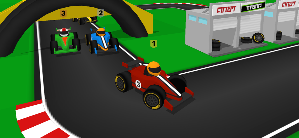 A red toy race car in the lead followed by blue and green cars on a custom track with pit stops