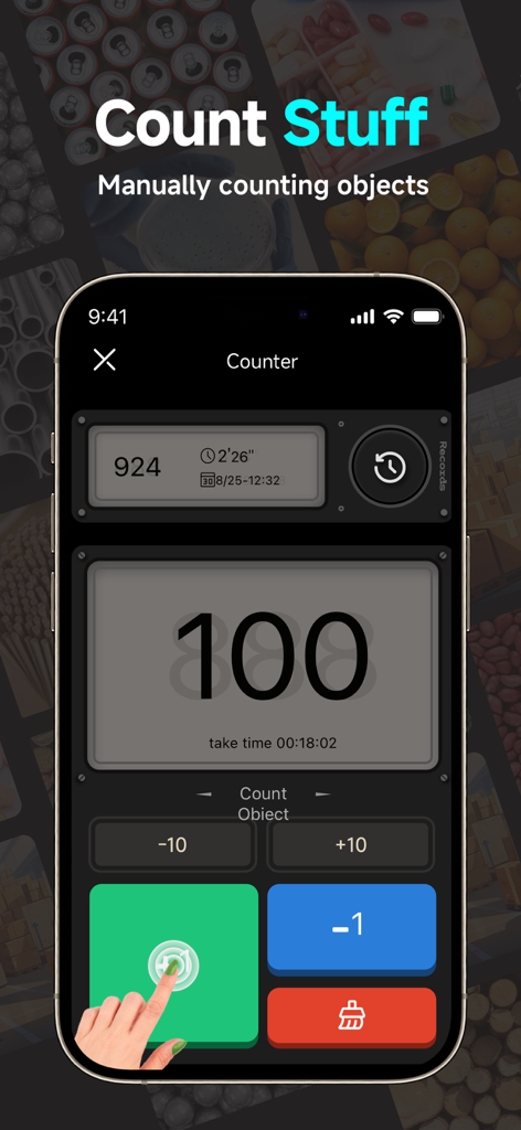 Manual counting interface of GO Count Object app showing a digital tally of 100 with adjustment buttons.