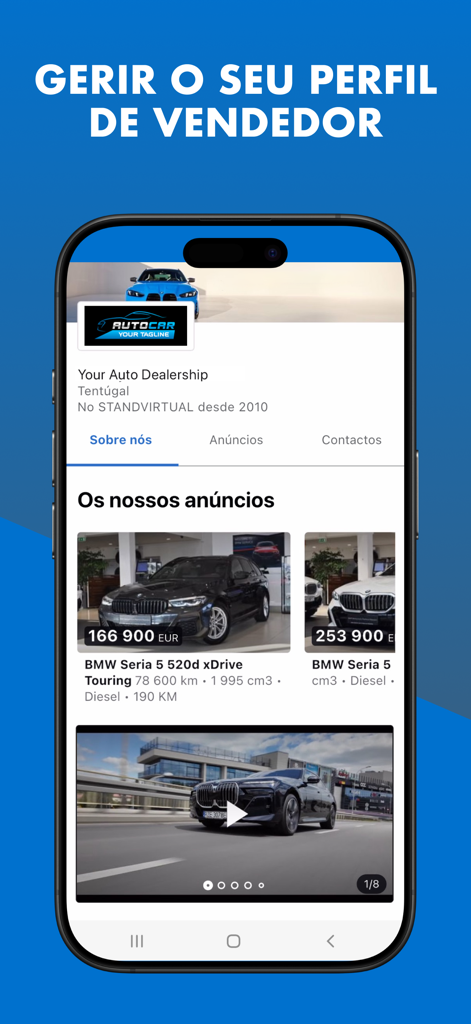 Standvirtual: Car Marketplace - Pantalla de la aplicación Standvirtual mostrando el perfil de un vendedor con anuncios de concesionarios de coches.