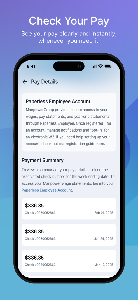 My Manpower – Job Search - A mobile screen showing pay details and a payment summary list within the My Manpower app