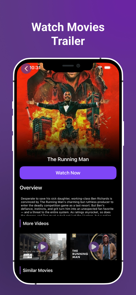 Rodjo app interface showing movie synopsis and trailer options for The Running Man
