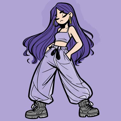 girl in baggy pants crop top and long hair