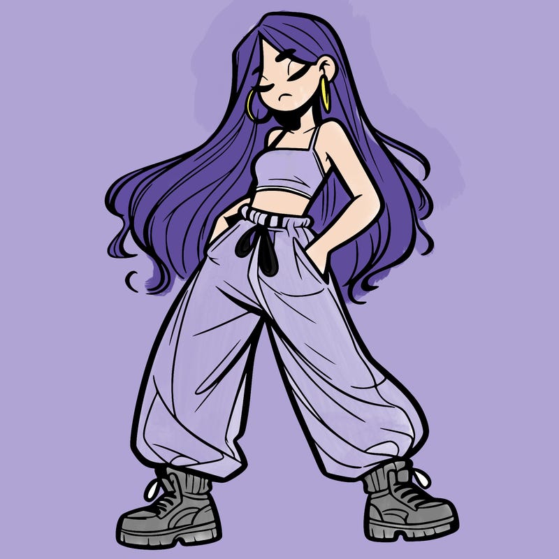 girl in baggy pants crop top and long hair