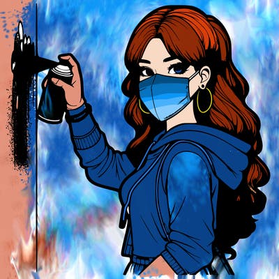 realistic girl with mask spray painting a wall