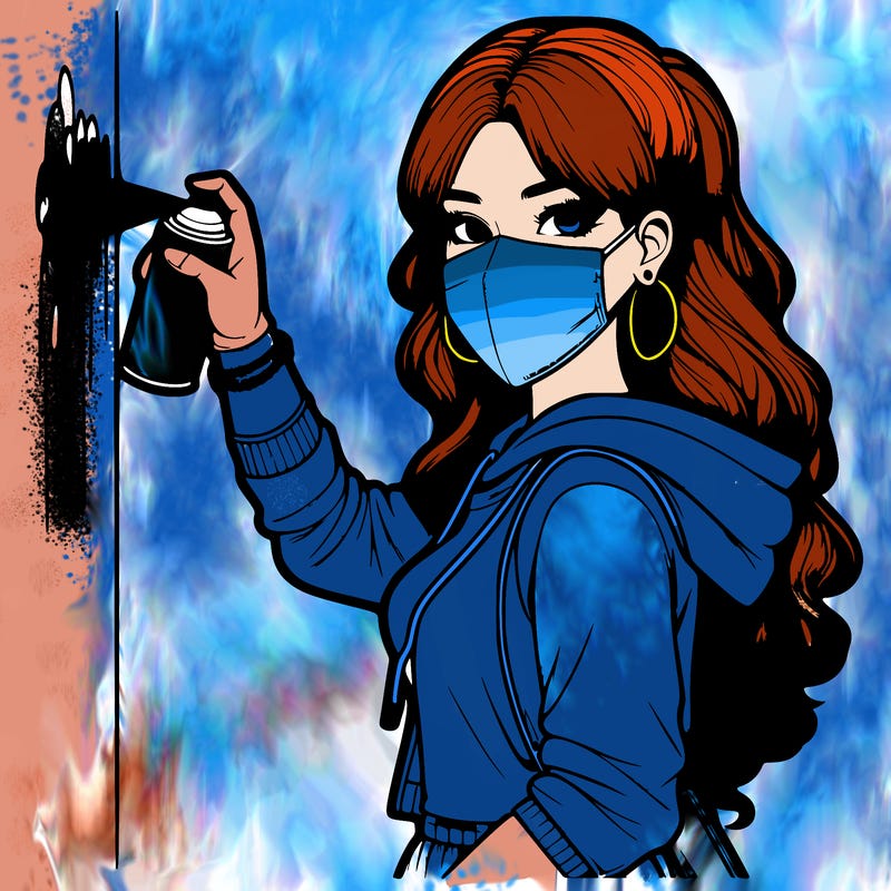 realistic girl with mask spray painting a wall
