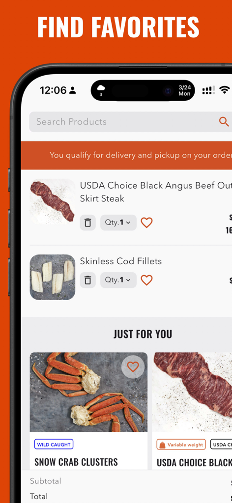 Wild Fork - Interface do carrinho de compras no aplicativo Wild Fork mostrando seleções de carne e marisco premium como fraldinha e clusters de caranguejo real.