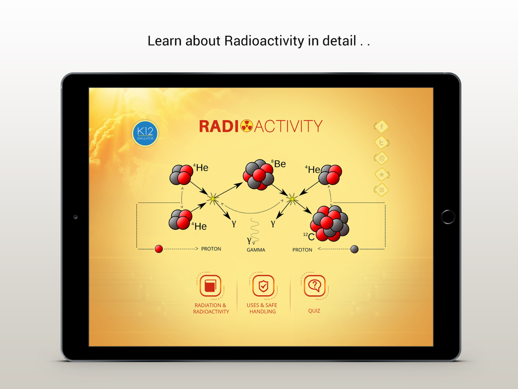 Hauptoberfläche der Radioaktivitäts-Physik-App auf einem iPad, die ein Fusionsdiagramm und Menüoptionen anzeigt