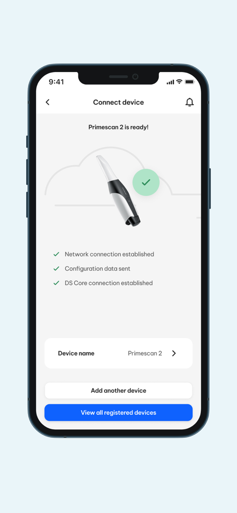 DS Core Link - DS Core Link app screen showing successful connection of a Primescan 2 scanner