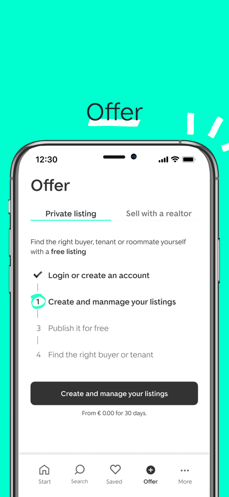 ImmoScout24 App-Bildschirm zur Erstellung eines privaten Immobilienangebots mit Schritt-für-Schritt-Anleitungen.