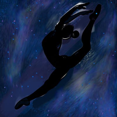 gymnast doing a leap in a leotard with a bent back leg