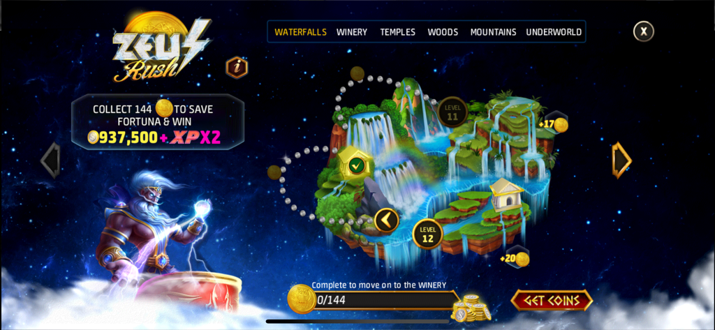 Mapa de progresión de niveles de Zeus Rush con islas flotantes con cascadas y templos en la app Vegas Downtown Slots and Words