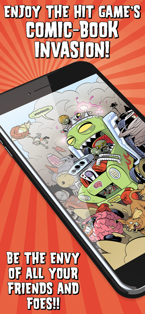 A mobile phone displaying a colorful Plants vs Zombies comic book page featuring zombies and mechanical inventions