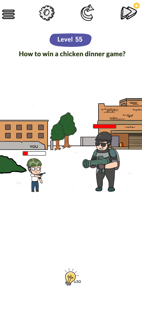 Brain Tricks Mobile Game Level 55 Puzzle, das fragt, wie man mit Cartoon-Soldaten ein Hühneressen gewinnt