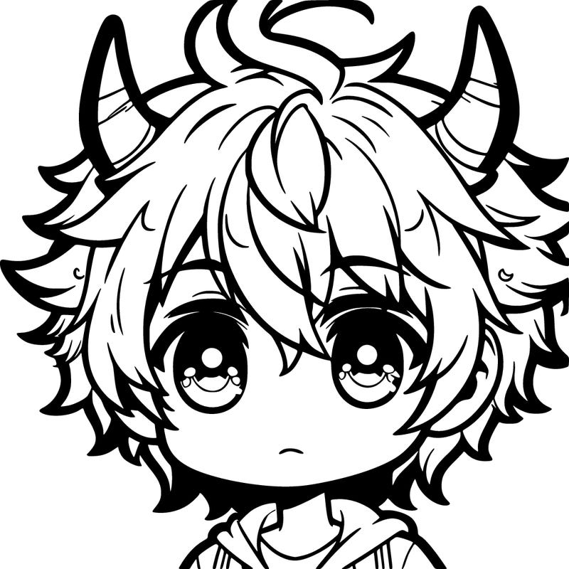 anime boy chibi with fluffy hair cow ears cow horns
