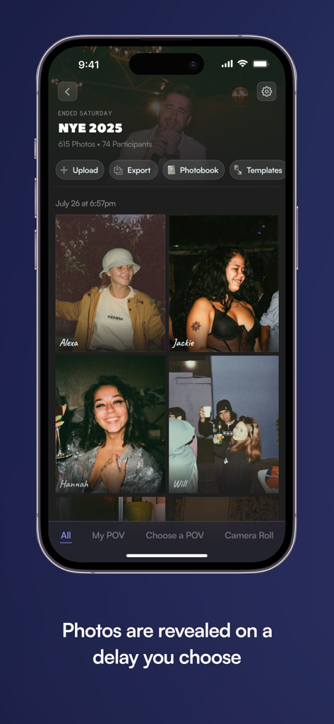 A group photo gallery from a New Years Eve party shown in the POV app with delayed photo reveals.