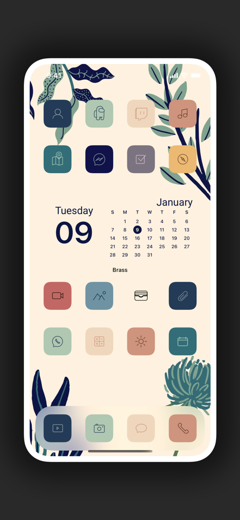 Brass - Icon Themes & Widgets - Tela de início de iPhone personalizada com ícones estéticos e widget de calendário.