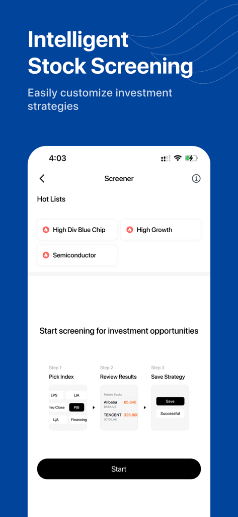 Amazon-Global Trading Platform app screenshot showing the intelligent stock screening and strategy tool.