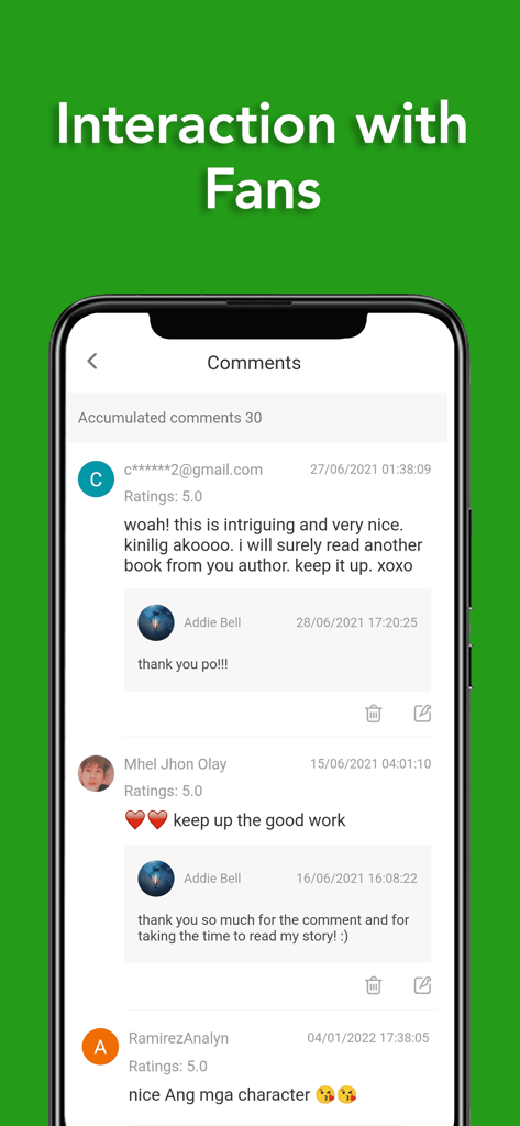 FameInk - Écran de l'application FameInk montrant l'interaction de l'auteur avec les fans via une section de commentaires et d'avis