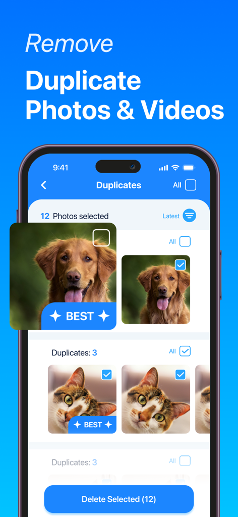 Phone Cleaner & File Manager - DrClean Kit interface for removing duplicate photos and videos featuring AI-assisted selection of the best shots