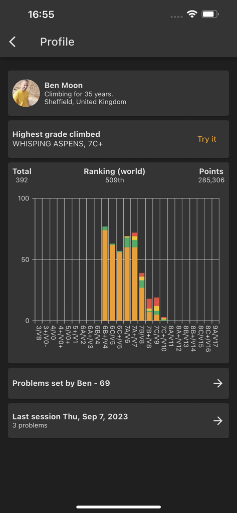 Moon Board - Moon Board app user profile screen showing global ranking and a climbing grade pyramid chart