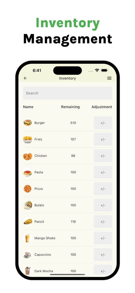 VendPOS - Interface do aplicativo móvel VendPOS mostrando gerenciamento de estoque com uma lista de itens alimentícios e seus níveis de estoque restantes.