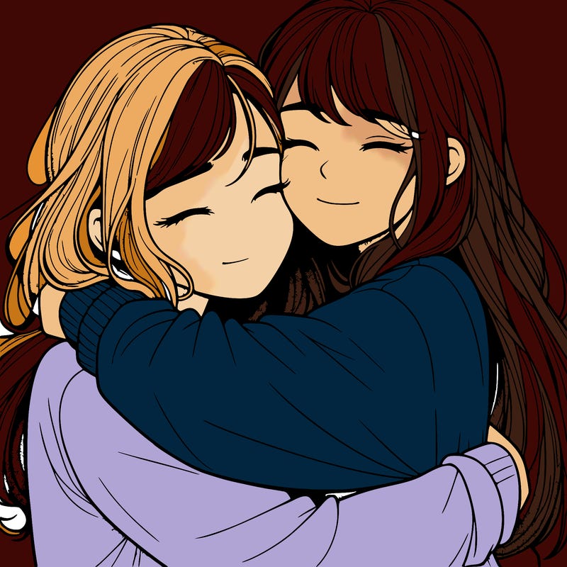 realistic two girls hugging