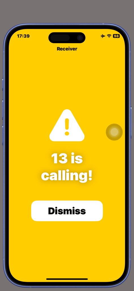 CallBell - Pager for Home Shop - Incoming call alert on the CallBell receiver screen showing a caller notification and dismiss button.
