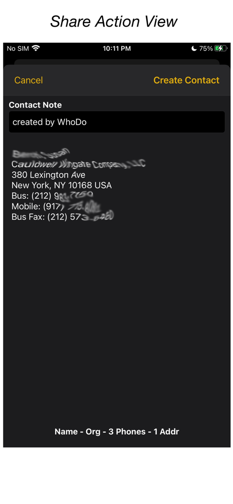 WhoDo - WhoDo app interface showing contact information extracted from text via the iOS share action