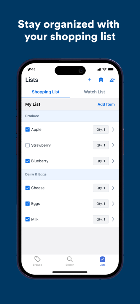 Vista móvil de la función de lista de compras de la aplicación Flipp mostrando artículos de comestibles organizados con casillas de verificación y cantidades