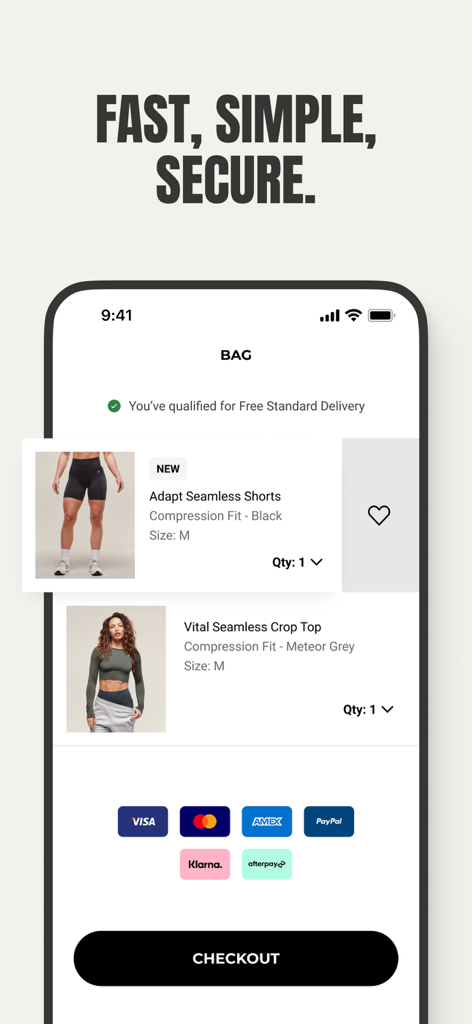 Gymshark: Shop Gym Clothes - Gymshark mobile app shopping bag interface showing seamless checkout process with multiple payment options and activewear items.