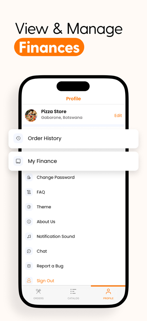 Wanzy Partner - Wanzy Partner mobile app profile interface showing finance and order history options for restaurant management.