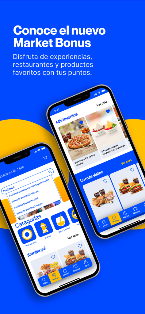 Bonus Perú - Interface of the Bonus Peru app showcasing the Market Bonus section with reward options and food categories