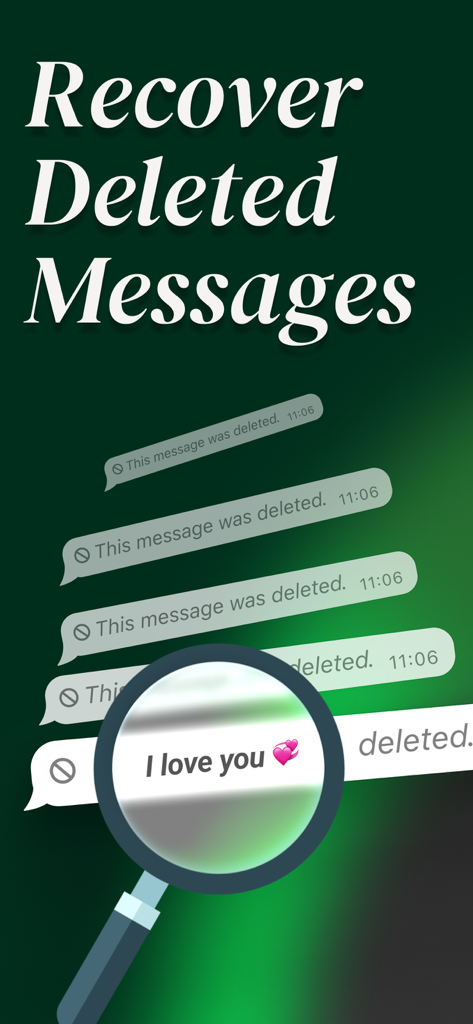 Waper: Recover Deleted Message - A magnifying glass revealing a hidden chat message saying I love you among deleted messages bubbles