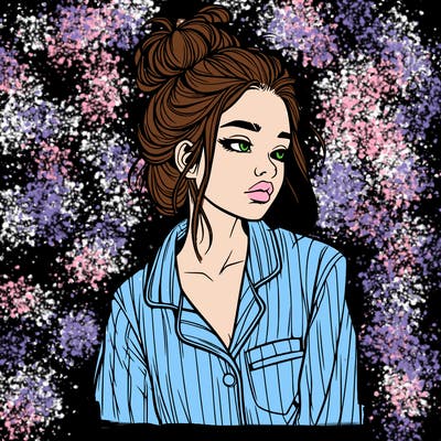 realistic woman with pajamas on and a messy bun